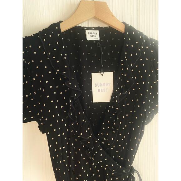 SUNDAY BEST B&W Polka Dot Short Sleeve Ruffle Trim Wrap Dress US MEDIUM NWT - Picture 10 of 16
